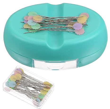 sourcing map Magnetic Pin Cushion with 100pcs Flower Plastic Head Pins, Magnetic Pins Holder with Drawer, for Sewing Quilting Needles Pins Hair Bobby Pins, Light Blue