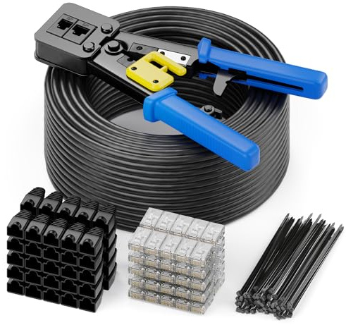 deleyCON 100m Câble D'installation CAT6 Kit D'installation Incl. Pince à Sertir Attaches de Câble & 50 Connecteurs RJ45 - PTU 250MHz AWG24 CCA - Gaine LDPE - Noir
