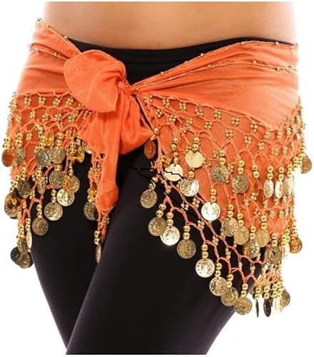 Womens 3 Row Gold Coin Bead Belly Dance Dancer Costume, Ladies Lightweight & Jingly Dancing Skirt Hip Scarves with Dangling Golden Coins Fringe Belt Waist Wrap for Dancewear Performance, Orange