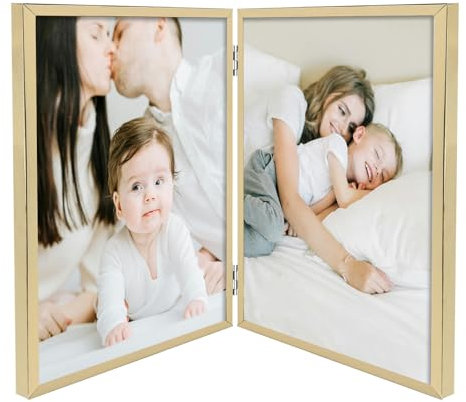 Golden State Art, Light Gold 8x10 Hinged Double Metal Frame - Floating Effect for 7x9, 6x8 or any Smaller Photos with Real Glass for Protection - Elegant Desktop Decor for Home or Office