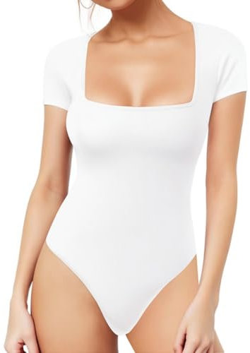 SamHeng Bodysuit for Women Short Sleeve Square Neck Tank Top Ladies Sexy Leotard Body Suits with Snap Closure Going Out Casual Slim Fit T-Shirts(White/L)