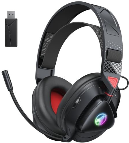Awinnasey PH3 Wireless Gaming Headset for PS5, PS4, Switch, PC, 2.4GHz Low Latency, Wireless Gaming Headphones with Microphone, 50Hrs Battery, Cool RGB, Bluetooth Headset for Boys Girls, Black Red