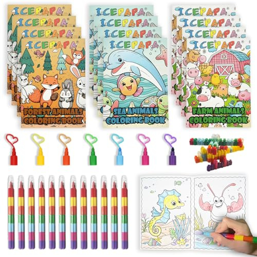 ICEPAPA, 12 Livres de Coloriage et 12 Crayons de Cire (7 Couleurs), parfaits pour petit cadeau anniversaire enfant invité