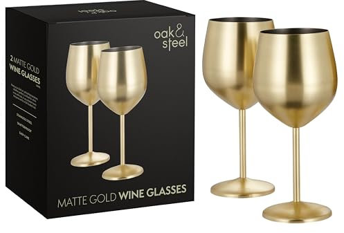 Oak & Steel – 2 Elegante Große Weingläser in Gold Matt, 550 ml – Unzerbrechliches Glas-Geschenkset für die Hausbar, Hochzeit, Jubiläum, Geburtstagsfeier, Outdoor und Camping-Weingläser