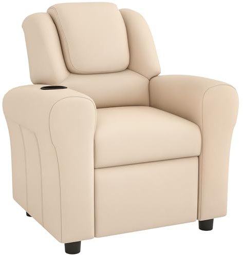 HOMCOM Kindersessel, PU-Leder Kindersessel, Kinderstuhl, Kleinkindersessel mit Verstellbarer Rückenlehne, Fußstütze, gepolsterte Kopfstütze, Becherhalter, Beige
