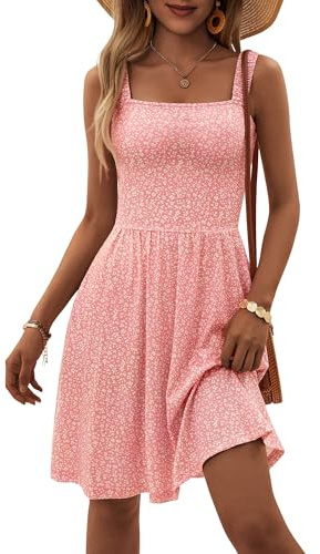 HUHOT Cute Dresses for Women Flowy Sleeveless Square Neck Casual Floral Camping Flowy Mini Flowy Dresses with Pockets