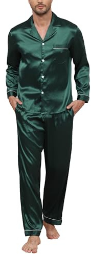 TeJoyce Pyjama Homme Satin Long, Deux Pièces Vêtements de Nuit Soie, Ensembles Manches Longues Chemise avec Boutons et Pantalon à Poches, Elegant et Luxe Loungewear pour Dormir ( Vert Foncé, S )