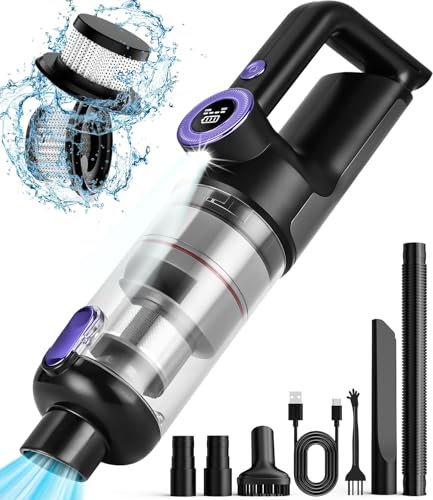 jutyum Aspiradora de Mano,Aspirador de Coche con filtros HEPA, 14000Pa Aspirador Mano Potente, Función de iluminación LED, Aspiradora Coche, Diseño de Descarga de Polvo con un Solo Toque