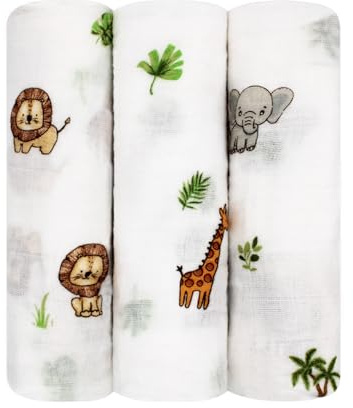 LMED Babyland 100% Muslin Cotton Baby Receiving Cloths, 3-Pack, 27x27 in (70x70cm), Soft & Gentle for Newborns, Sensitive Skin Safe, for Feeding, Burping & Comfort, 0+ Months (Safari)