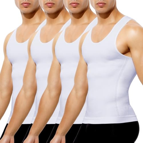 Casey Kevin Mens Compression Shirt Sleeveless Gynecomastia Tank Top Slimming Shapewear Undershirts Tummy Control Vest 4 Pack, White*4, Large