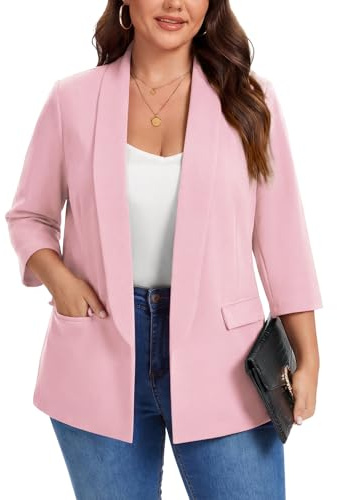 Kyzoeyou XL-5XL Plus Size Shawl Lapel Blazer Womens 3/4 Sleeve Suits Half Lined & Flap Pockets Ladies Daily Casual Outerwear Jackets (Pink 3XL)
