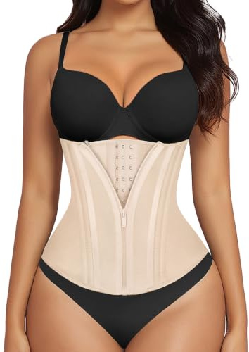 SHAPERX Waist Trainer for Women Underbust Corset Shapewear Tummy Control Workout Waist Cincher Body Shaper Zipper and Hooks, SZ7310-Beige-L