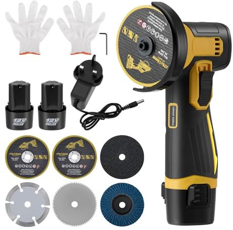 12V Mini Cordless Angle Grinder, Mini Angle Grinder Tool with 3 in Grinding Disc, 6 Cutting Discs & 2PCS Batteries, 19500 RPM Cordless Angle Grinder Tool Set for Cutting Polishing and Grinding