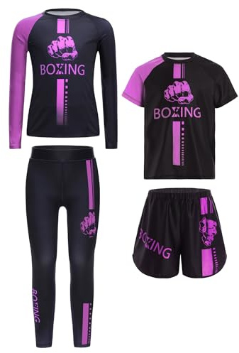 Yeahdor Kinder Jungen Boxkostüme MMA Muay Thai Boxsatz Rashguard Kinder BJJ Jiu Jitsu Ringen T Shirts Shorts Hosen Lila 110-116