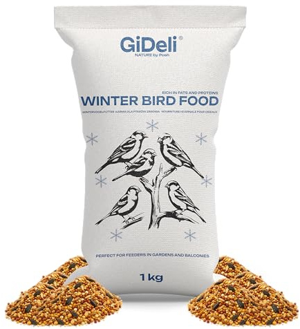 GiDeli Comida para pájaros de invierno, 1 kg, alimento para aves silvestres durante todo el año, alimento para herrerillos para jardín y balcón, con semillas de lino ricas en Omega-3, calcio, sin