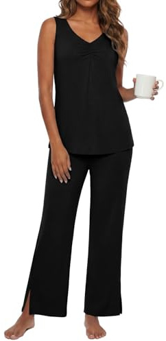 PrinStory Women'S Pyjama Sets Sleeveless Pyjamas V Neck Pjs For Women Sets Tank Tops And Wide Leg Trousers Causal Lounge Wear Sets (Black, L)
