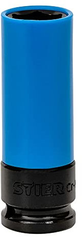 Douille à chocs STIER, entraînement 1/2 pouce, ouv. 19 mm, carré creux, réducteur 6 pans, douilles, pour montage de roues à jantes en aluminium, avec codage couleur, bleu