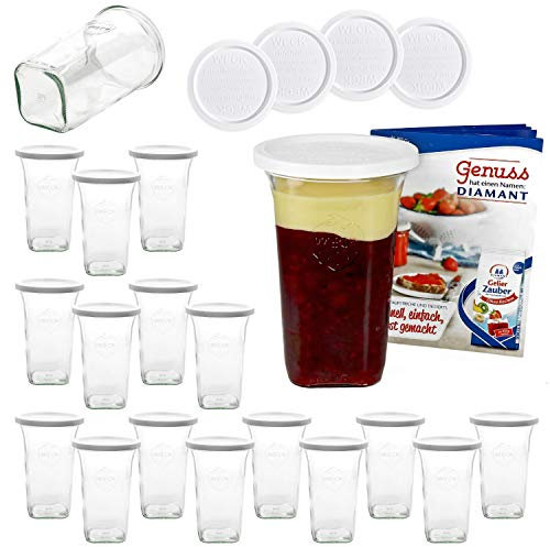 MamboCat 18er Set Weckgläser 795 ml Quentin-Glas eckig I Original Weck Glas mit Frischhalte-Deckel I Weck Dessertglas Sturzglas I Einweckgläser Set inkl. Diamant-Zucker Gelierzauber Rezeptheft