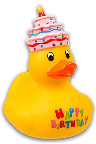 PhiLuMo Gelbe Badeente Happy Birthday/Quietscheente mit Geburtstagstorte - 10 x 13 cm
