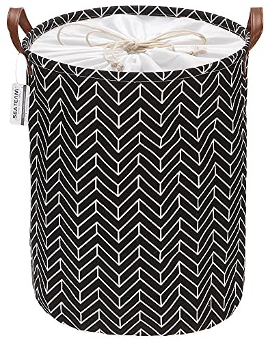 Sea Team Arrow Pattern Laundry Hamper Canvas Fabric Laundry Basket Collapsible Storage Bin with PU Leather Handles and Drawstring Closure, 19.7 by 15.7 inches, Waterproof Inner, Black