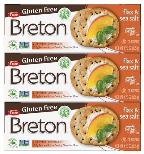 Breton Gluten Free Flax & Sea Salt Crackers (Pack of 3) - Non-GMO, Plant-Based, For Snacking, Dips, Cheese and Spreads, 3x4.76oz
