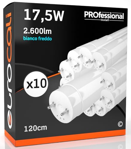 Eurocali 10x Tubo LED T8 17,5W 120cm Alta Luminosità 2600 lumen Fascio Luminoso 320° - Bianco Freddo 6500K - Sostituzione Neon