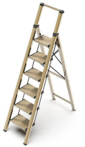 GameGem 6 Step Ladder for 12 Feet High Ceiling, Lightweight Aluminum Folding Step Stool with Convenient Handgrip, Stepladders with Anti-Slip and Wide Pedal for Home Use Space Saving - Gold