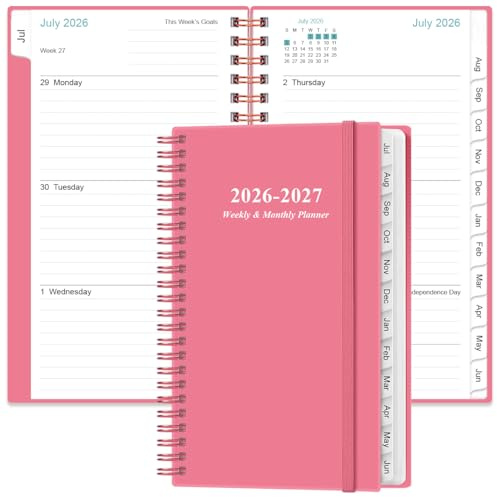 2026-2027 Pocket Planner/Calendar - 2026 Planner from July 2026 - June 2027, Planner 2026-2027 with 12 Tabs, Twin-Wire Binding, Inner Pocket, 3.75 x 6.75, Pink