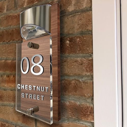 Personalized Solar House Number Wooden Sign with Solar Light Door Number Address Name Plaque,Custom Outdoor Home Numbers Street Name Outside Modern House Signs for Home Office Yard,Wooden color