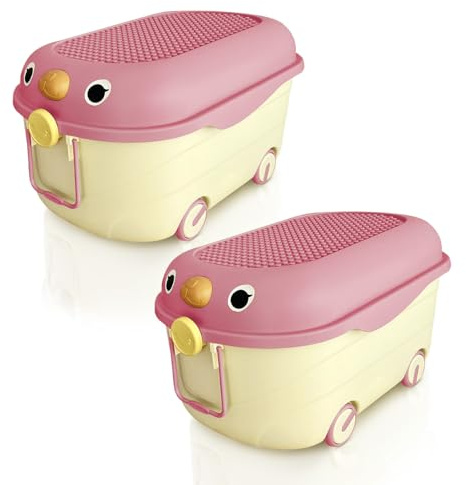 Froppi Toy Box Storage with Lid and Wheels, XL Size, 2 Pack, 70L, (Pink) | Stackable, Lockable, Large Capacity, Quality PP Plastic, Dog Toy Box, Toy Storage Unit, Kids Storage