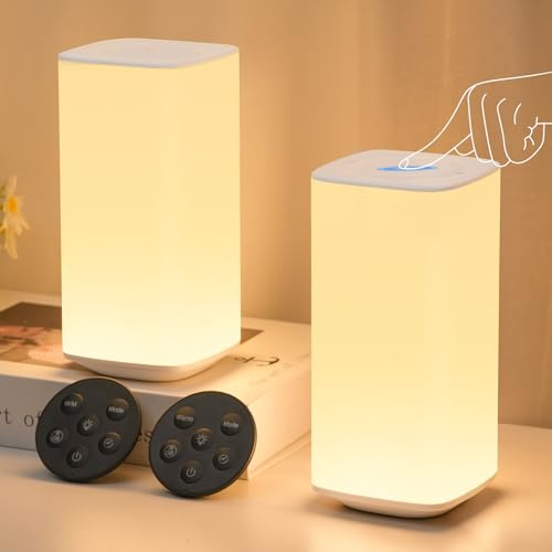 Bonsery Lámpara de mesita de noche táctil regulable, mando a distancia LED, funciona con pilas, 256 colores y 3 modos, luz nocturna para niños (2)
