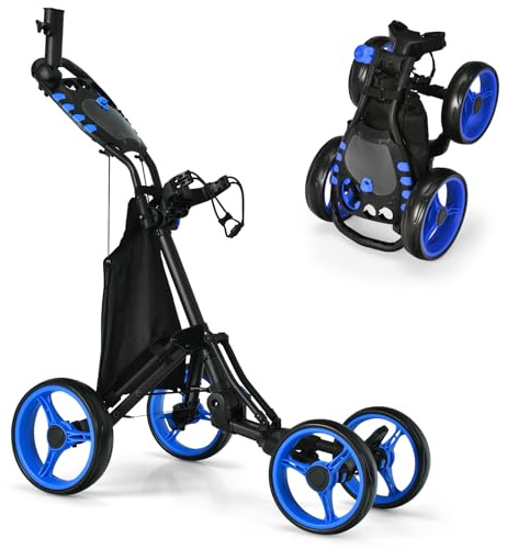 GYMAX 4 Wheels Golf Push Pull Cart, Lightweight Height Adjustable Golf Trolley with Storage Bag, Foot Brake, Umbrella Holder and Built-in Cooler, Foldable Golf Bag Holder (Blue)