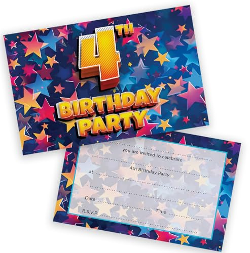 4th Birthday Party Invitations Kids - Celebration Stars 36 Pack - Childrens Birthday Invitations for Boys/Girls A6 Bday Party Invites Invitation Cards with Folding Envelopes