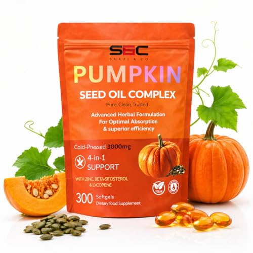 Pumpkin Seed Oil Capsules 3000mg – 300 Vegan Softgels with Zinc, Lycopene, Beta-Sitosterol & BioPerine – Vegan DHT Blocker Formula for Prostate Supplements & Pumpkin Seed Oil for Hair Growth