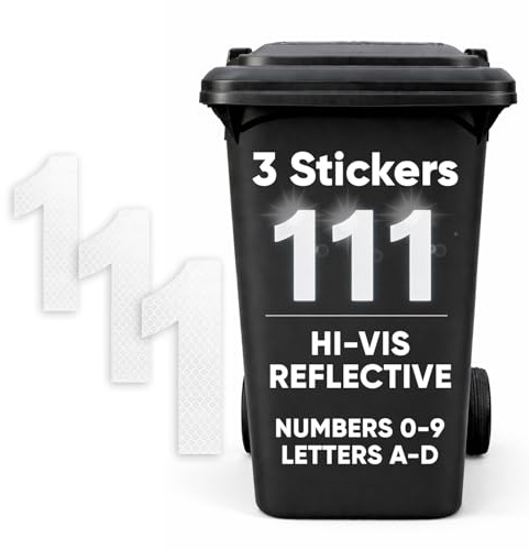 Rubigo 3PK Silver Hi Vis Bin Numbers for Wheelie Bins – 0-9, Letters A-D, 17cm Reflective Dustbin Stickers – Easy Application Stick On Number Stickers - Weatherproof Self Adhesive Vinyl (1)