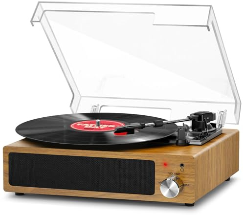 FYDEE Tocadiscos de Vinilo Vintage con Altavoces Estéreo, Receptor Bluetooth 5.4, Reproductor Giradiscos Retro 3 Velocidades 33/45/78 RPM, Tracción por Correa, Salida RCA/AUX, Color de Madera Tabaco