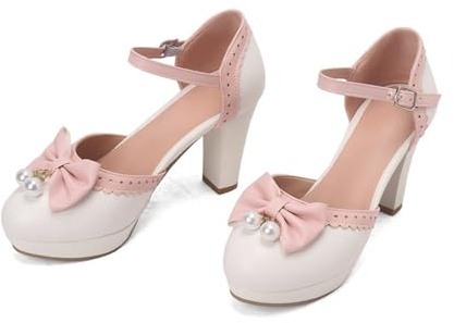 Mary Jane - Scarpe da donna con tacco a blocco, per festa dell'Oktoberfest, matrimoni, scarpe da ballo classiche, con tacco alto, scarpe chiuse per Dirndl, bianco, 42 EU