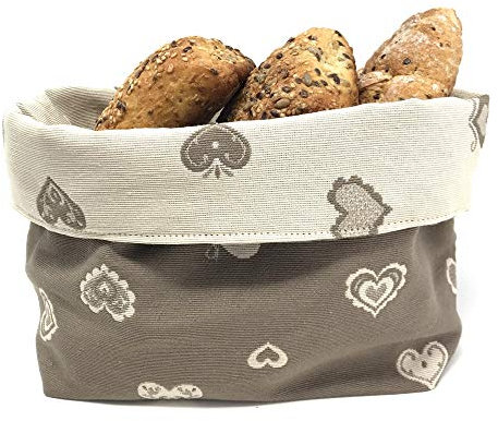 Gaidra Cesto Pane Cestino Portapane in Tessuto Stoffa Doubleface in Stile Tirolese Montagna con Cuori - Sacchetto di Design Fatto con qualità Artigianale - 20 x 20 x 10 cm, Beige Doubleface