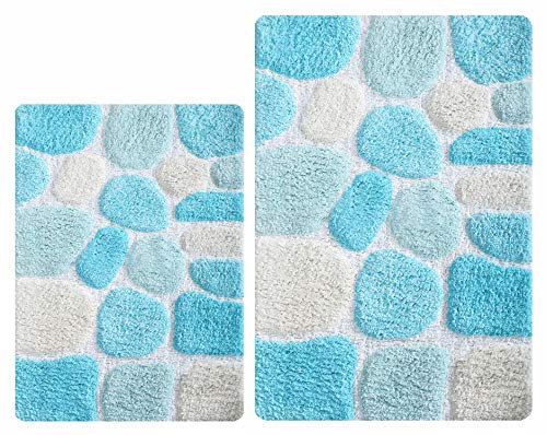 THE BEER VALLEY Pebble Badteppich-Set, 2 Stück, 53,3 x 81,3 cm, türkis, mehrfarbig, Badezimmerteppich, weich, saugfähig, maschinenwaschbar, Badteppich, 100 % Baumwolle