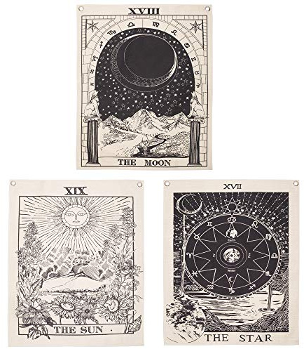 Simpkeely 3 Pezzi Arazzi da Parete Tarocchi, Il Sole, La Luna, La stella, Tappezzeria per Camera Psichedeliche Mistica, per Soggiorno, Camera da Letto, Decorazione per Dormitorio - 40,6 x 50,8 cm