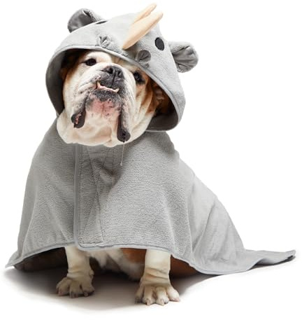 Barkbox Dog Bathrobe Fast Drying with Hook and Loop Closure & Wrap Tie Snuggle, Cute Dogs Clothes, Easy to Clean, Machine Washable, Dog Coats and Tumble Dry Low - Rhino, Medium