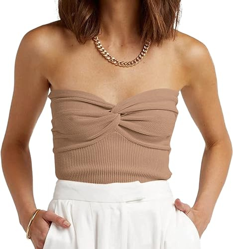 EFAN Womens Tube Tops Fall Fashion Summer Outfits 2025 Casual Beach Vacation Clothes Sweaters Strapless Sleeveless Tank Tops Khaki XS