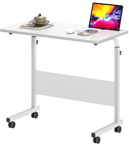 sogesfurniture Tavolo per computer portatile regolabile in altezza, con slot per tablet, 80 x 40 cm, tavolo per divano, tavolino con ruote, bianco