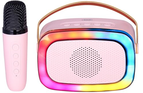 Trevi XR 8A01 MINI PARTY 10W trådlös högtalare, Karaokehögtalare för barn med trådlös mikrofon, rösteffekter för fester och barn, USB-ingång, Micro SD och AUX-IN, inbyggt batteri, rosa