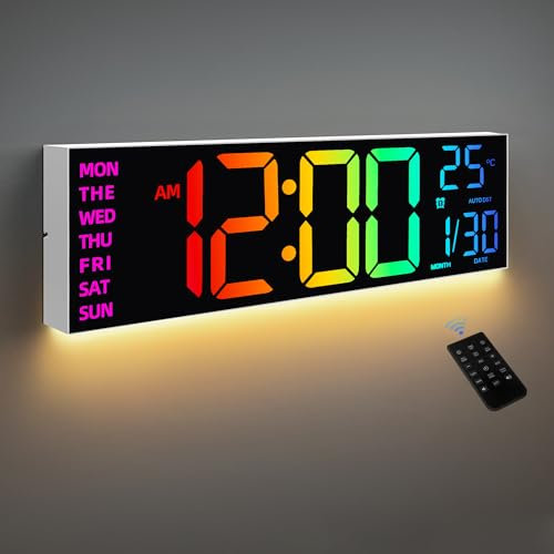 HAITANG Wanduhr Digital - 8 Farben Digitale Wanduhr 16,2 Große Digitale Uhr mit Temperatur, Datum, Nachtlicht, Automatische Helligkeitsregelung, 24/12-Stunden für Wohnzimmer Büro Fitnessstudio