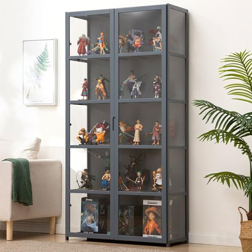 JFOZDM Vetrina Espositiva Per Collezionismo, Vetrina Multifunzionale in Vetro Antipolvere, Design con anta battente,Vetrinetta Espositiva per Uffici, Camere da Letto, Soggiorni 32.5n/82cm/5F Grigio