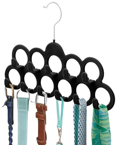 ManGotree Samt-Schalbügel, Schal-Organizer, Beflocktes Samt-Finish, Schalhalter mit 11 Schlaufen und Haken für Schals, Schals, Krawatten, Gürtel oder anderes Zubehör,Schwarz,2er-Pack