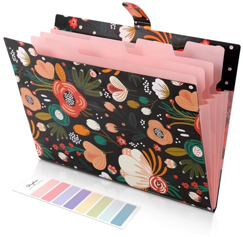 SKYDUE Expanding File Folder with 5 Pockets, Floral Accordion File Organizer for Important Document, Portable Receipt Paper Organizer, School Office Supplies Black