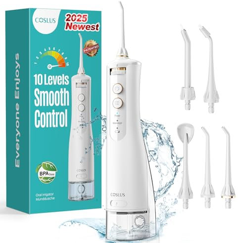 COSLUS Hydropulseur jet Dentaire Portable Dentaire Irrigateur Oral, 300 ML Sans Fil Hydropulseur 10 niveaux de contrôle doux, Rechargeable et Étanche IPX7 Vainqueur du Test, Blanc