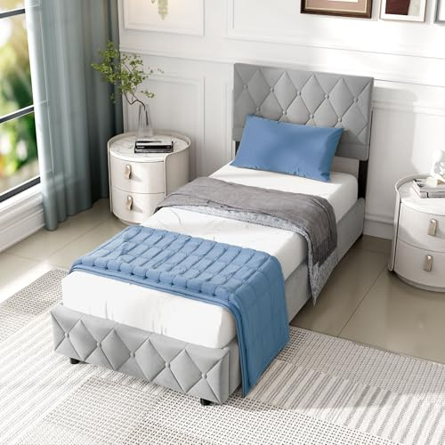 okwish Polsterbett 90x200 cm, Bett mit Stauraum, Jugendbett Hydraulisch Stauraumbett mit Bettkasten, Gepolstertes Bettgestell mit Lattenrost, Modernen Knopfnahtverzierung, Samt, Grau (Ohne Matratze)